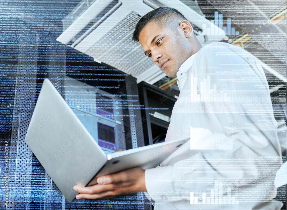 Fototapete Futuristic, overlay and businessman with a laptop in a server room for ux, fintech and information technology. Coding, technology abstract and programmer working on data analytics and cyber security