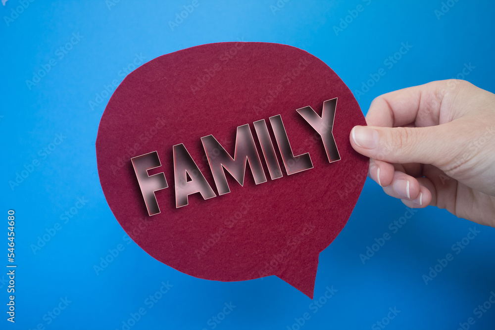 Poster speech bubble in front of colored background with family text.