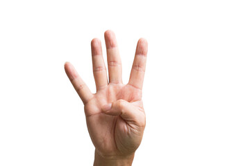 Hand showing four fingers. On white background.