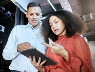 Tablet, woman and man check cyber security, connect server internet or coding information. IT...