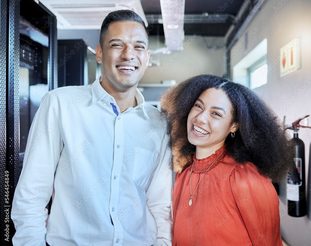 Poster Coding team, computer networking server and tech support workers smile together in digital technology security company. Cyber security, data IT staff and cloud computing code programming storage room