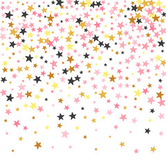 Festive black pink gold stars falling scatter illustration. Little starburst spangles holiday decoration particles. Baby shower stars falling pattern. Sparkle symbols greeting decor.