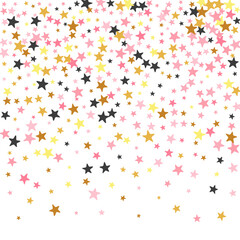Festive black pink gold stars falling scatter illustration. Little starburst spangles holiday decoration particles. Baby shower stars falling pattern. Sparkle symbols greeting decor.