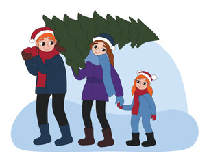 Happy family with Christmas tree on winter day