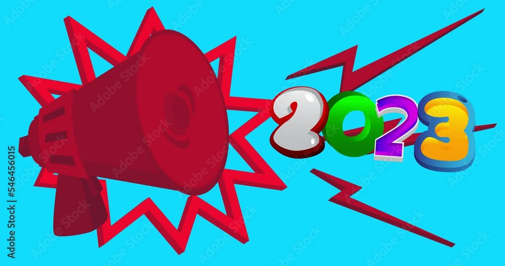 Poster dancing red megaphone with number 2023 on blue background. 4k resolution animation with funny elemen