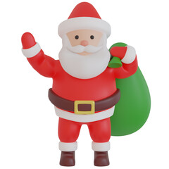 3D Rendering Holiday Season Christmas Santa Claus wave Hands with Green Present Bag. PNG Transparent Background.