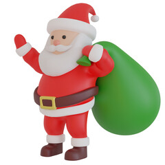 3D Rendering Holiday Season Christmas Santa Claus wave Hands with Green Present Bag. PNG Transparent Background.