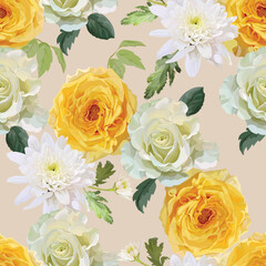Fototapeta na wymiar Yellow and white roses with chrysanthemum seamless pattern