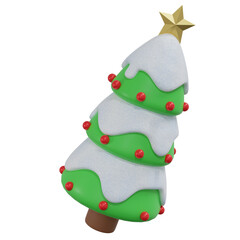 3D Holiday Season Christmas Tree with Snow and Red Ornaments. Snow and Gold Star on top. PNG Transparent Background.