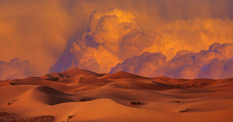 Sand dunes and sand storm in the Sahara desert - hot and dry desert landscape