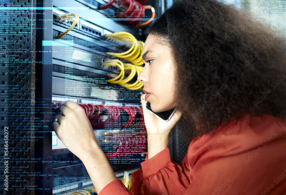 Poster it technician, phone call and black woman thinking and confused in server room, data center for cabl