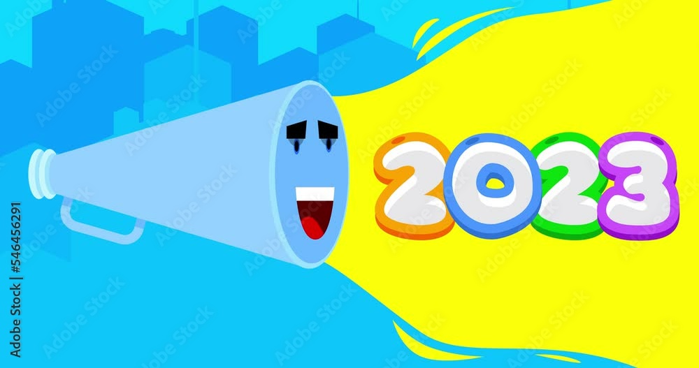 Aufkleber smiling blue megaphone with number 2023 in the city. 4k resolution animation with funny elements.