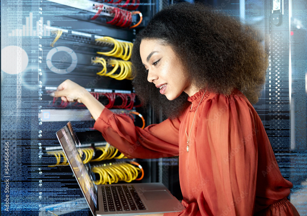 Poster Black woman, laptop and server with internet connection, check cyber security programming and coding information. IT specialist, female programmer and lady working on system admin or cloud computing