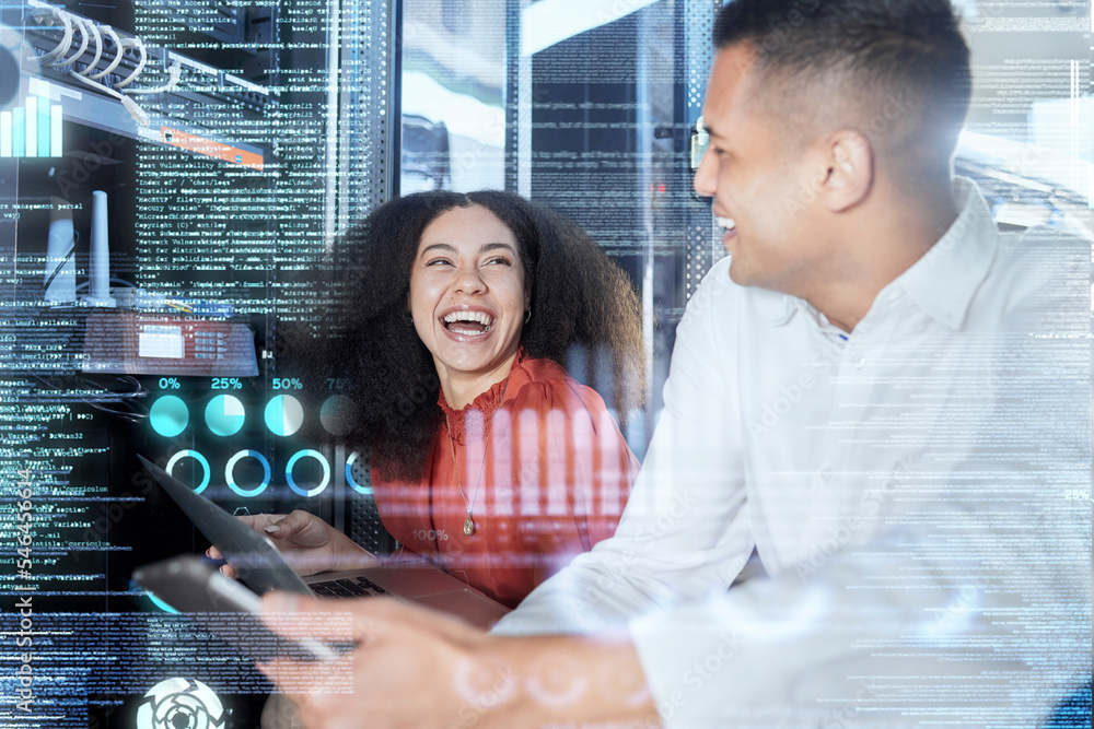 Poster Server, team and tech for hologram repair with a man and woman in a networking server room. Cloud, programmer and cloud computing of engineers using tablet and laptop to fix developer database
