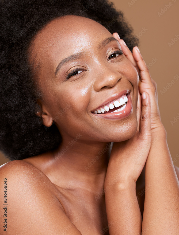 Poster Beauty, skincare and portrait of woman relax in studio for wellness, skin and body care against brown background. Happy, face and black woman smile, happy and product satisfaction after facial mockup