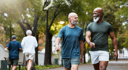 Fitness, exercise and men walking together at community park while talking and doing cardio training outdoor in nature. Diversity, friends and senior man and accountability partner on a wellness walk - obrazy, fototapety, plakaty