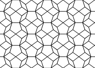 Contemporary geometric repeating line pattern of decagons forming round 3d effect shapes in black color, PNG transparent background