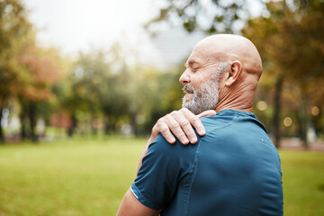 Senior man, shoulder pain and fitness injury in wellness exercise, training and health workout in nature park or countryside . Ache, inflammation and body tension for cardio training and runner