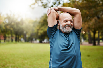 Stretching, fitness and running with old man in park for health, workout or sports with mockup....