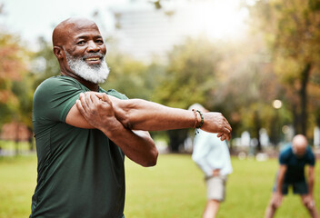 Portrait, stretching and active seniors at a park for training, exercise and cardio wellness. Fitness, arm stretch and friends with senior men relax before workout, happy and together for activity