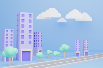 Obraz premium High-rise building model on blue background, city tall buildings, high-rise housing type, city living, housing sales, 3D render