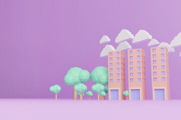 Urban residence, building, large building, city office, building cartoon on purple background, 3D render
