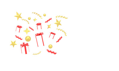 3D. Christmas background with gift boxes, stars, circles and gold.