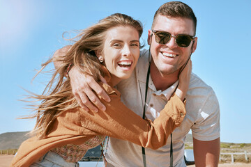 Love, hug and portrait of a happy couple on road trip, vacation or adventure for summer. Happiness,...