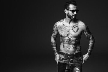 Fototapeta na wymiar Portrait of handsome confident stylish hipster lambersexual model. Sexy modern man. Naked torso with tattoos.Fashion male posing in studio on dark background. In sunglasses