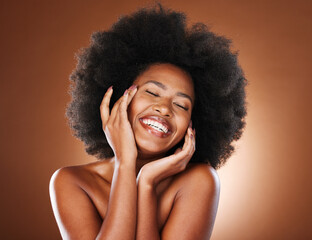 Skincare, natural hair and black woman in studio for cosmetics, makeup and beauty for youth facial...