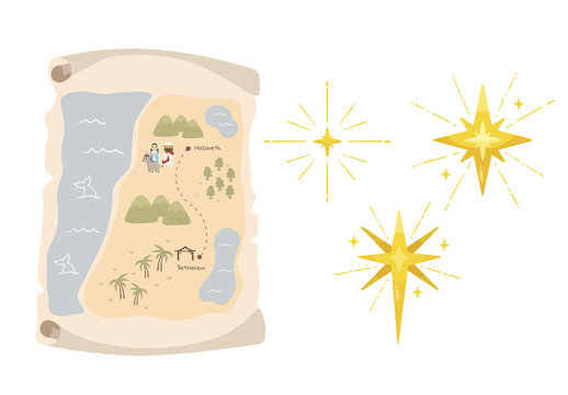 The North Star of Bethlehem and Map of Nazareth to Bethlehem Christmas Nativity Story Elements