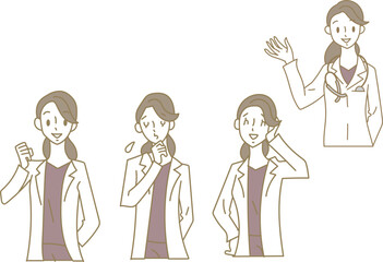 スクラブに白衣をはおった若い女性医師の表情パターンのイラスト素材セット