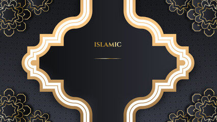 Luxury black and gold ramadan kareem background. Realistic 3d vector illustration with mosque and moon, place for text greeting card and banner.