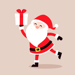 Cartoon Christmas illustrations isolated on pastel. Funny happy Santa Claus character with gift, bag with presents, waving and greeting. For Christmas cards, banners.