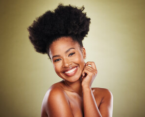 Beauty, skincare and smile of black woman with natural hair or afro on green studio background for health and wellness of skin and body. Portrait of model happy about cosmetic, makeup and dermatology - obrazy, fototapety, plakaty