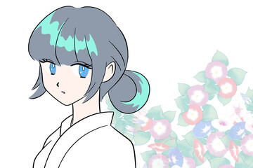 まとめ髪の女性　着物を着た女性　イラスト　朝顔