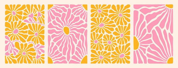 Groovy abstract flower art set. Organic doodle shapes in trendy naive retro hippie 60s 70s style. Contemporary poster and background. Floral botanic vector illustration in pink, yellow, orange colors. - obrazy, fototapety, plakaty