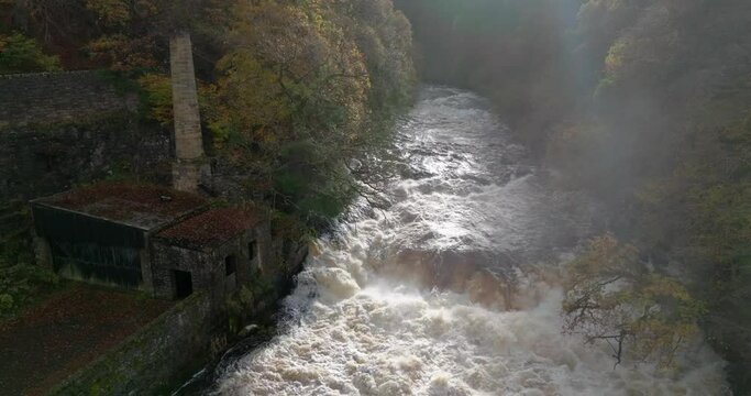 Drone footage flies directly towards a fast flowing river and waterfall surrounded by old buildings and a forest of autumnal broadleaf and coniferous trees. Falls of Clyde, New Lanark, Scotland.