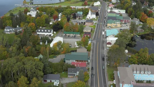 Stunning aerial view of downtown Rangeley, Maine.