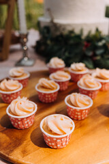 Gourmet cupcakes with white buttercream frosting and sprinkles on wooden background