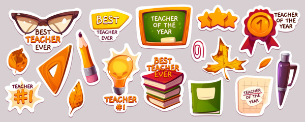Happy teachers day stickers with books, chalkboard, glasses, autumn leaves. Teachers holiday icons with classroom board, award badge, pen, pencil and ruler, vector cartoon set