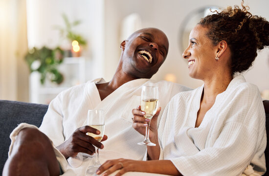 Love, Couple And Wine At Hotel On Vacation, Holiday Or Honeymoon Trip. Romance, Luxury Champagne And Interracial Couple, Man And Woman Drinking Alcohol, Talking And Enjoying Quality Time Together.