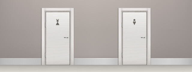 Public toilet, wc male and female visitor entrances in corridor. Two white doors with metal handles and man or woman black pictogram. Office bathroom gender concept, Realistic 3d vector illustration