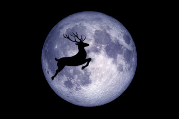 background for christmas Reindeer running in the sky with the moon on a black background