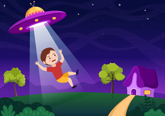 UFO Flying Spaceship with Flying Saucer Over the City Sky Abducts Human or Animals in Flat Cartoon Hand Drawn Templates Illustration © denayune