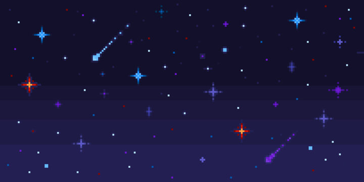 Pixel art night sky. Starry space with shooting stars, 8 bit pixelated video game galaxy seamless vector background