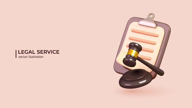 3D Law Service. Realistic 3d design of Judge hammer and Paper clipboard. Commercial law, Legal advice for business. Vector illustration in cartoon minimal style.