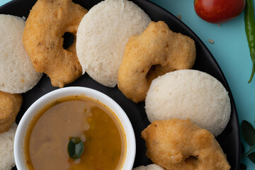 South Indian breakfast-Idli, sambar, wada, coconut chutney