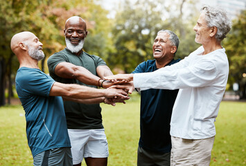 Fitness, exercise and senior men with hands together for motivation, energy and to celebrate achievement and freedom during retirement in nature park. Happy group of friends for workout outdoor