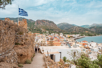 Paleochora, crete island, greece: city of palaiochora with view to white mountains and lybian sea